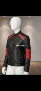 Black Cow Softy Leather Jacket with Red Panel Accents & Nehru Collar
