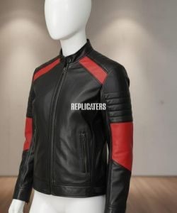 Black Cow Softy Leather Jacket with Red Panel Accents & Nehru Collar