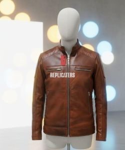 Cognac Brown Cow Softy Leather Jacket with Stand Collar & Quilted Shoulders