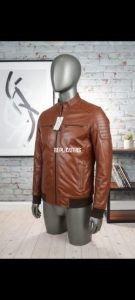 Cognac Brown Cow Softy Leather Jacket with Knit Trim & Stand Collar