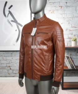 Cognac Brown Cow Softy Leather Jacket with Knit Trim & Stand Collar