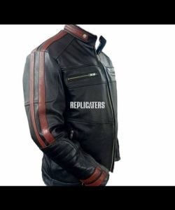 Black Goatskin Leather Jacket with Red Racing Stripes