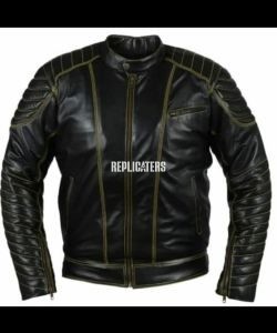 Tactical Black Goatskin Leather Jacket with Quilted Shoulders & Contrast Stitch Lines