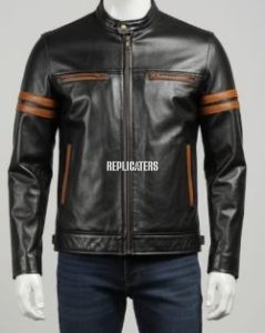 Black Goat Leather Jacket with Tan Racing Stripes & Dual Chest Pockets -in 4 colors