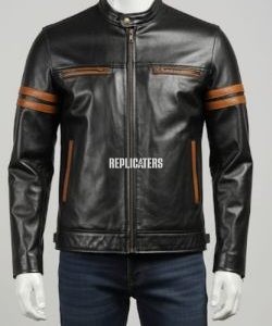 Black Goat Leather Jacket with Tan Racing Stripes & Dual Chest Pockets -in 4 colors