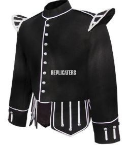 Highland Pipe Band Doublet – Black Barathea with Silver Trim