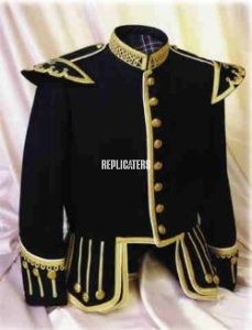 Highland Piper’s Full Dress Doublet – Black with Gold Braid (In super fine Melton/Serge/Barathea)