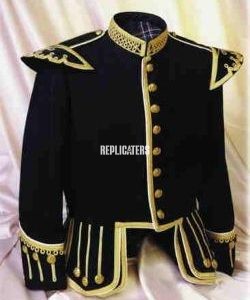 Highland Piper’s Full Dress Doublet – Black with Gold Braid (In super fine Melton/Serge/Barathea)